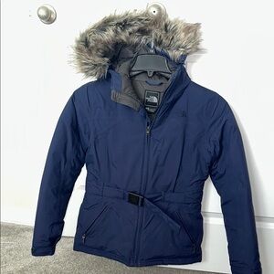 North Face Blue Hooded Jacket with Faux Fur Trim